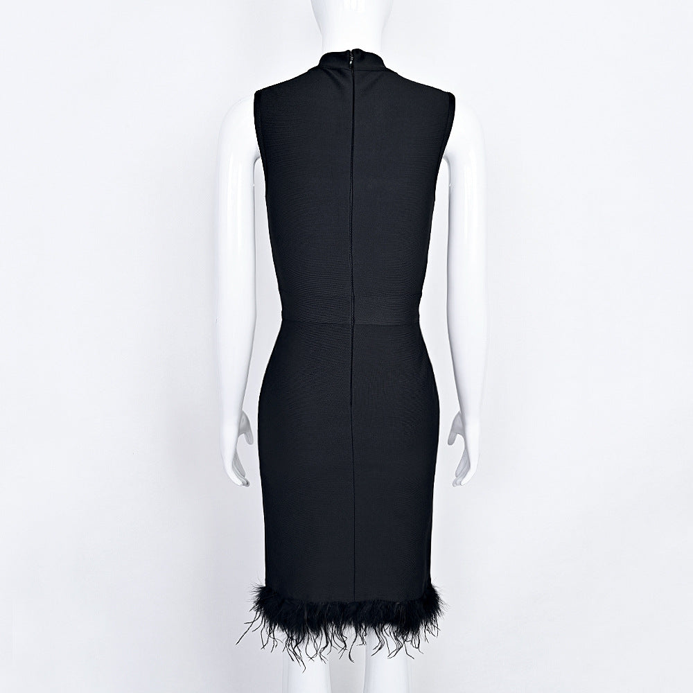 Feather-Trim Rhinestone Buckle Midi Dress — view 5