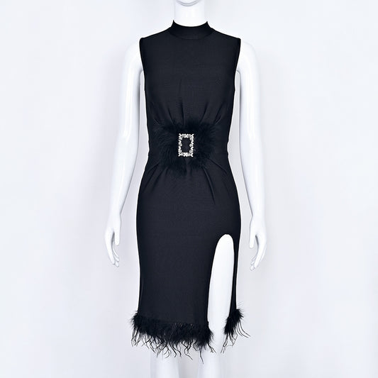 Feather-Trim Rhinestone Buckle Midi Dress — view 2
