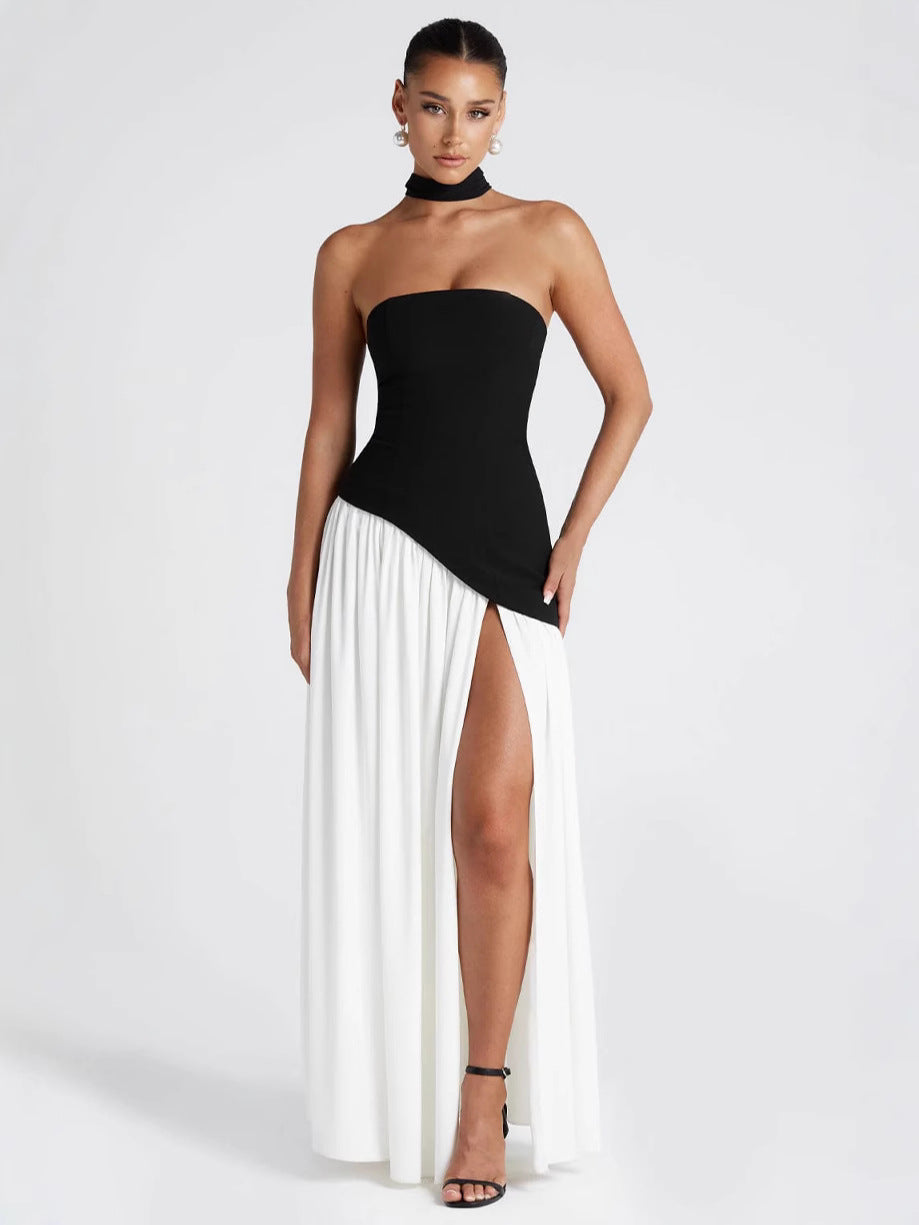 Colour-Block Strapless Maxi Dress with High Slit