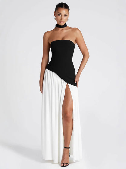 Colour-Block Strapless Maxi Dress with High Slit