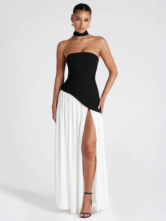 Colour-Block Strapless Maxi Dress with High Slit