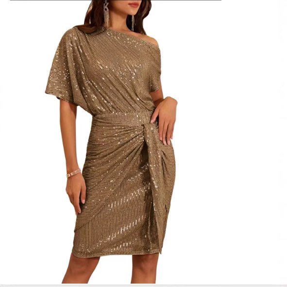Sequin-Trim One-Shoulder Pleated Midi Dress