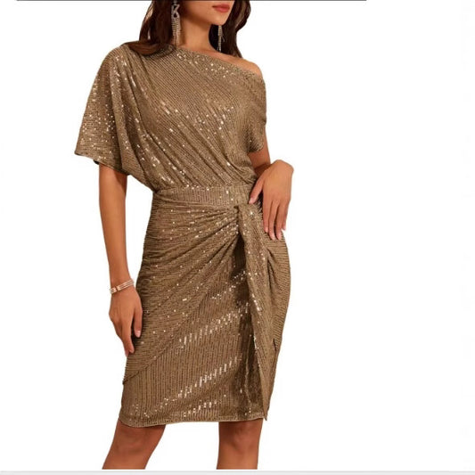 Sequin-Trim One-Shoulder Pleated Midi Dress