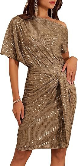 Sequin-Trim One-Shoulder Pleated Midi Dress — view 7