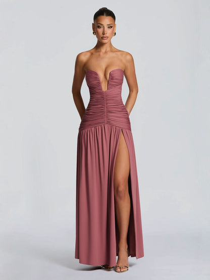 Strapless Ruched High-Slit Midi Dress — view 2