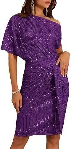 Sequin-Trim One-Shoulder Pleated Midi Dress