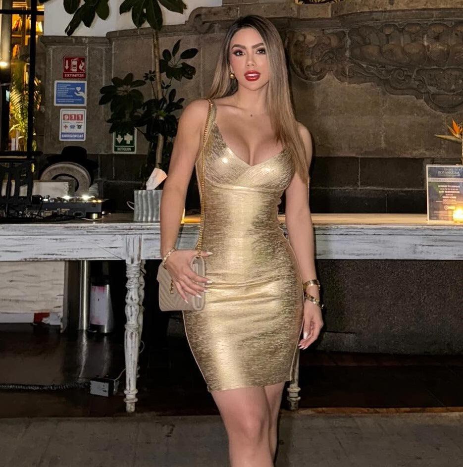 Shimmer V-Neck Bandage Pencil Dress