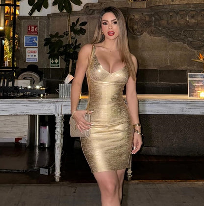 Shimmer V-Neck Bandage Pencil Dress