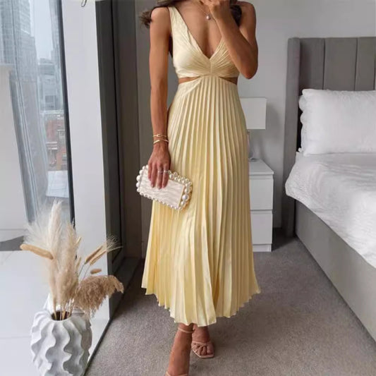 V-Neck Pleated Backless Maxi Sundress
