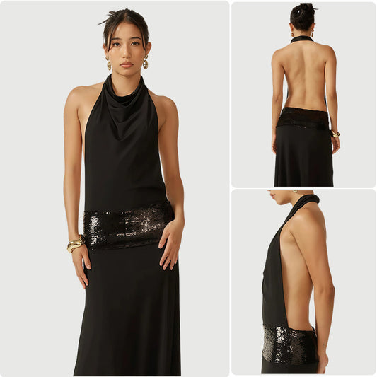Cowl Halter Open-Back Maxi Dress