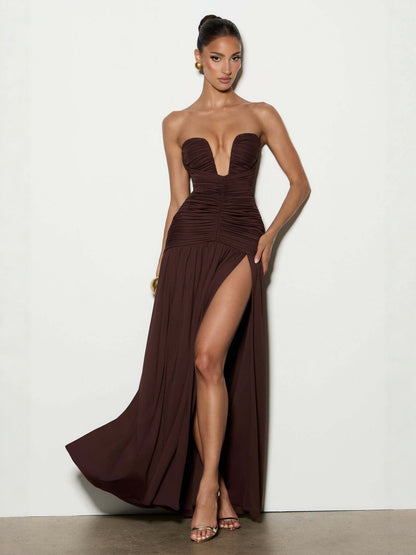 Strapless Ruched High-Slit Midi Dress