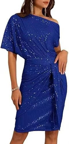 Sequin-Trim One-Shoulder Pleated Midi Dress