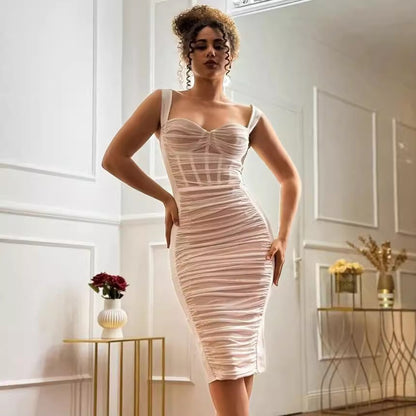 Pleated Mesh Square-Neck Pencil Dress — view 7