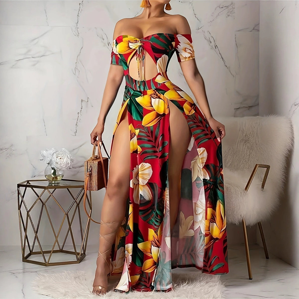 Floral Cut-Out Off-Shoulder Maxi Dress