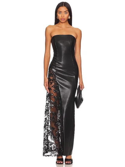 Faux-Leather & Lace Strapless Maxi Gown
