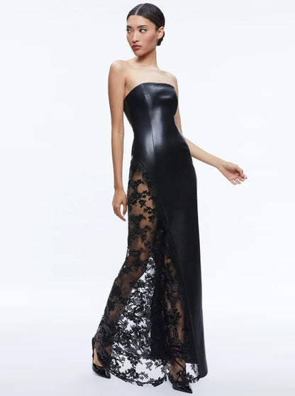 Faux-Leather & Lace Strapless Maxi Gown — view 4