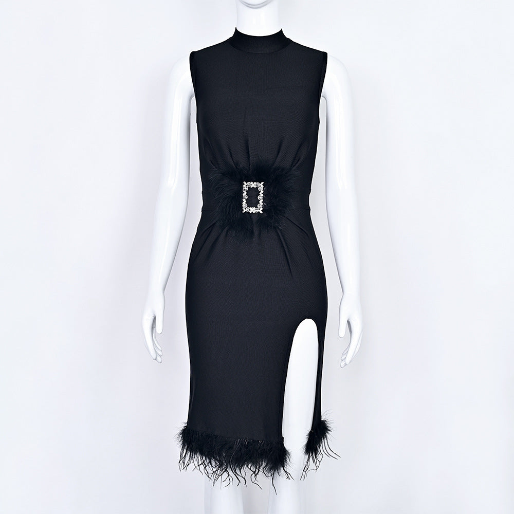 Feather-Trim Rhinestone Buckle Midi Dress — view 2