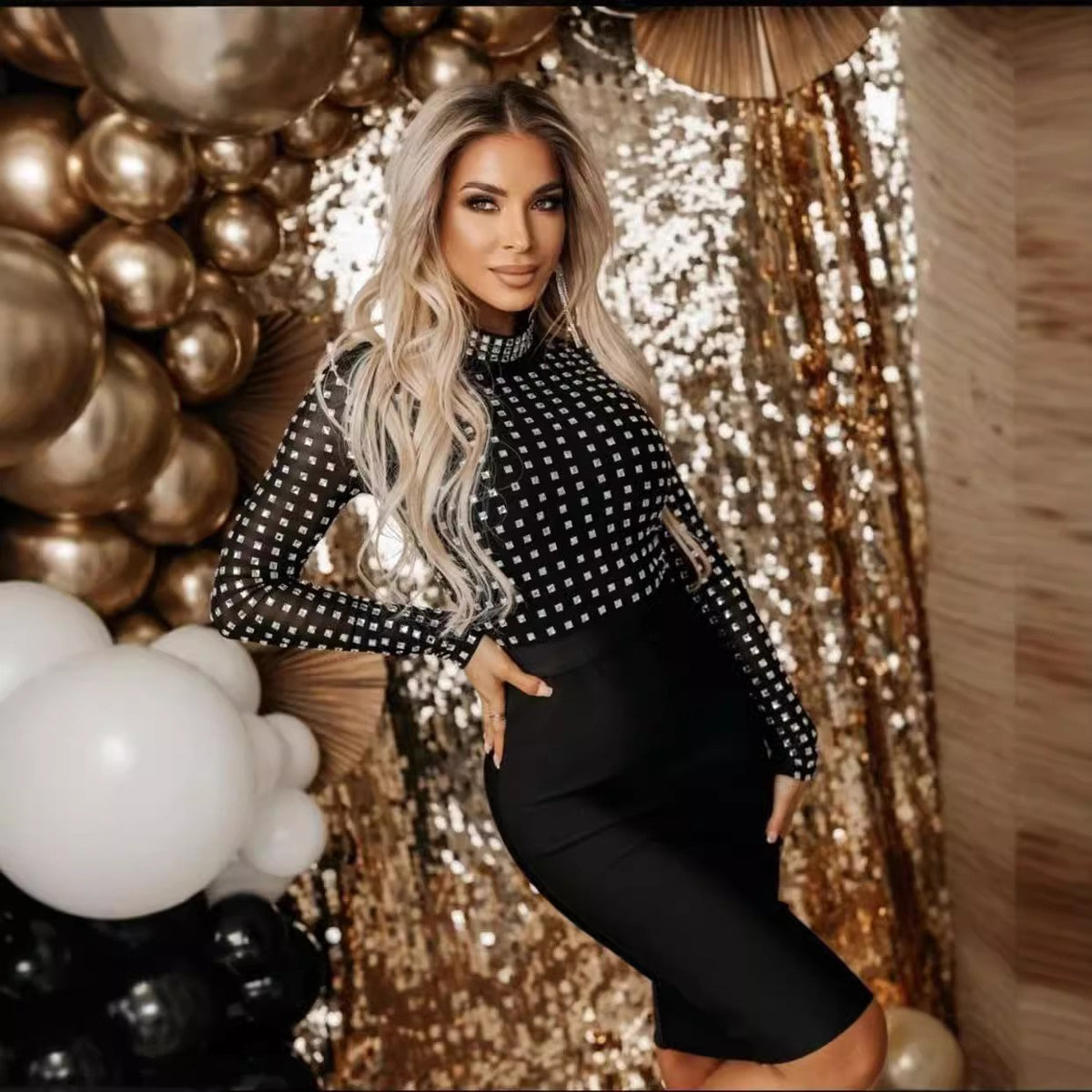Rhinestone Mesh-Panel Bodycon Midi Dress — view 6