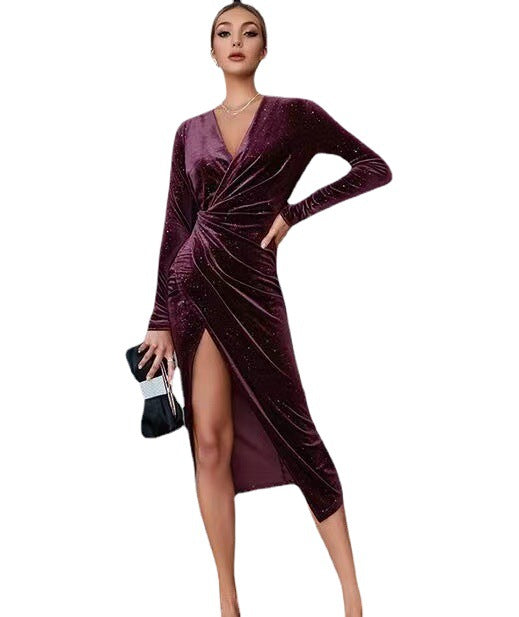 Glitter Velvet Wrap Long-Sleeve Midi Dress — view 3
