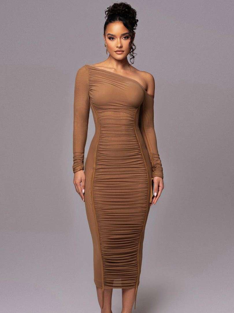 One-Shoulder Mesh-Panel Bodycon Maxi Dress — view 3