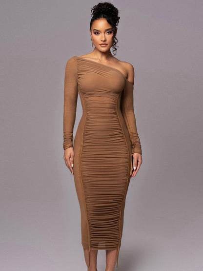 One-Shoulder Mesh-Panel Bodycon Maxi Dress — view 3
