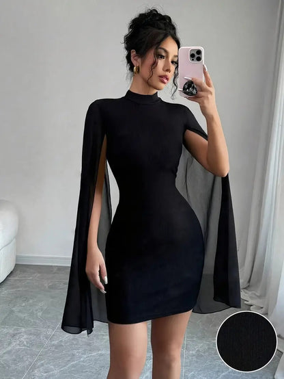 Ribbed-Knit Cape-Sleeve Bodycon Midi Dress