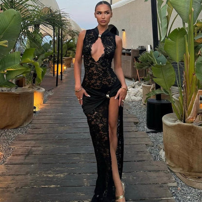 Floral Lace High-Slit Bodycon Maxi Dress