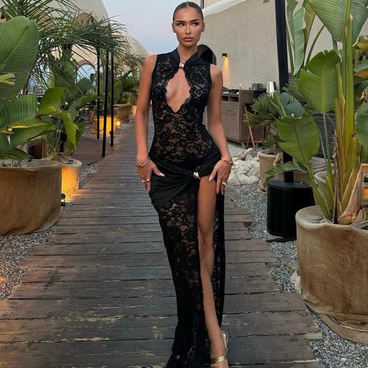 Floral Lace High-Slit Bodycon Maxi Dress