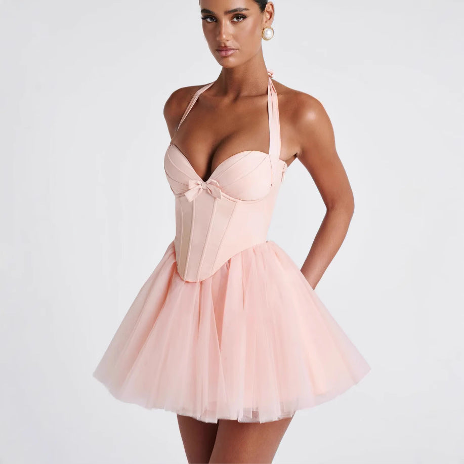 Halter Lace-Up Puff-Skirt Mini Dress — view 6