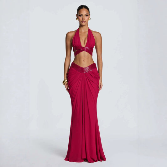 Sequin Halter Two-Piece Maxi Set