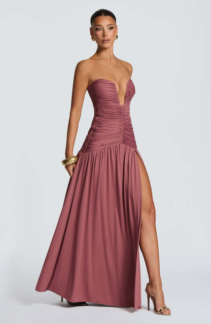 Strapless Ruched High-Slit Midi Dress — view 6
