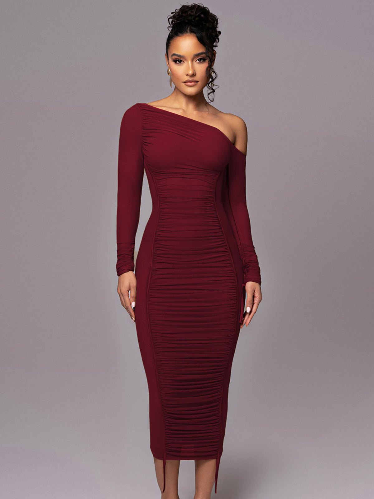One-Shoulder Mesh-Panel Bodycon Maxi Dress — view 4