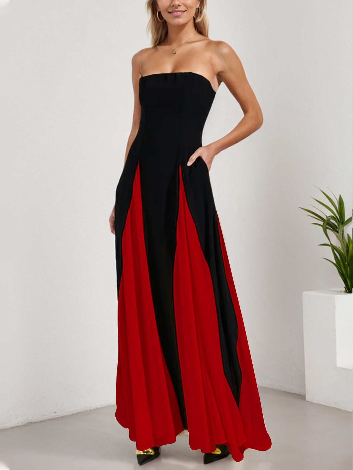 Colour-Block Strapless A-Line Maxi Dress