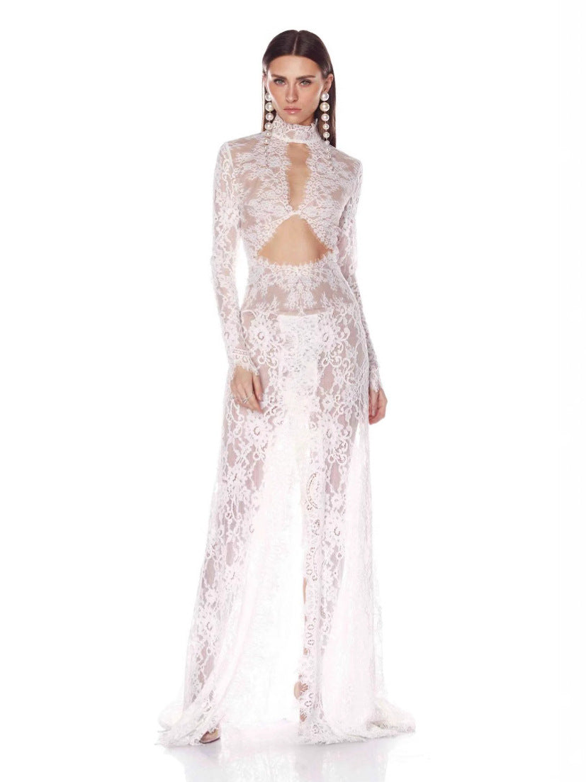 Sheer Lace & Mesh Open-Back Maxi Dress — view 2