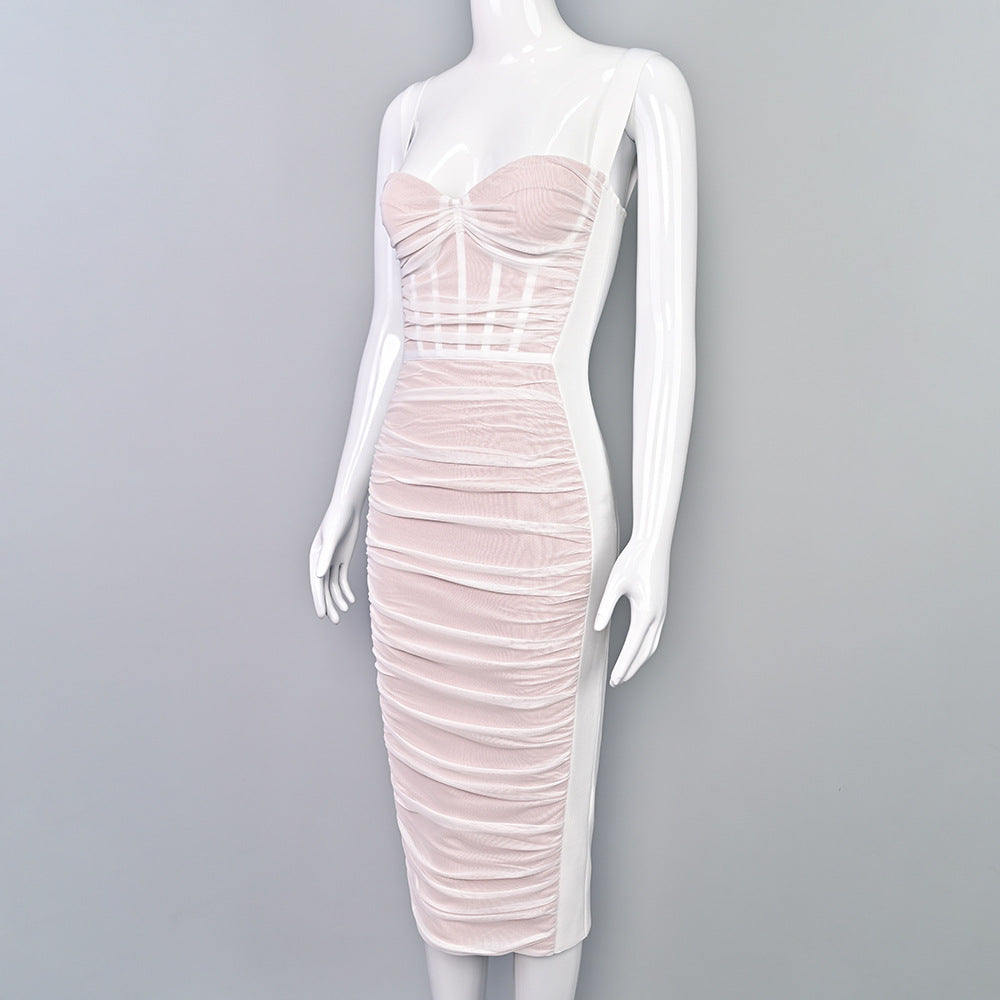 Pleated Mesh Square-Neck Pencil Dress — view 2