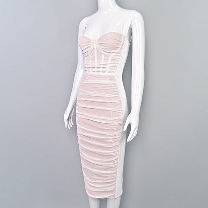 Pleated Mesh Square-Neck Pencil Dress — view 2