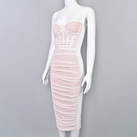 Pleated Mesh Square-Neck Pencil Dress — view 2