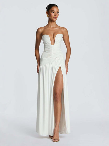 Strapless Ruched High-Slit Midi Dress — view 4