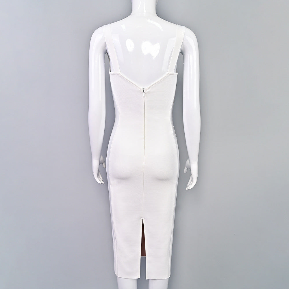 Pleated Mesh Square-Neck Pencil Dress — view 3