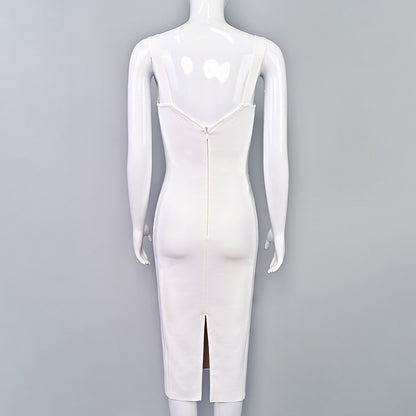 Pleated Mesh Square-Neck Pencil Dress — view 3