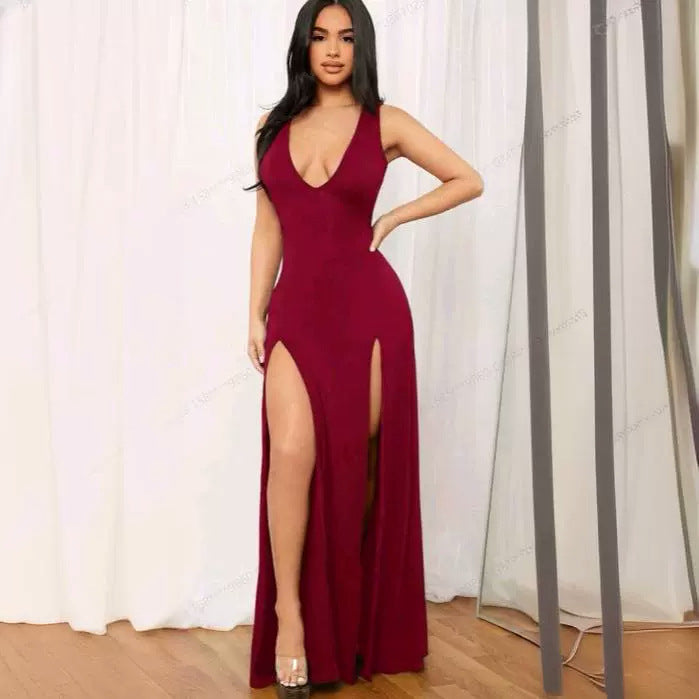 Deep V Sleeveless Maxi Dress with Side Slit — view 4