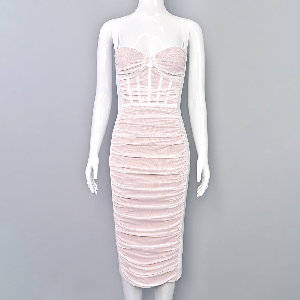 Pleated Mesh Square-Neck Pencil Dress — view 5