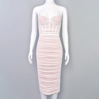 Pleated Mesh Square-Neck Pencil Dress — view 5