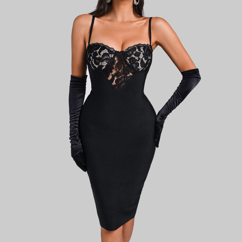 Lace-Trim Backless Bandage Dress