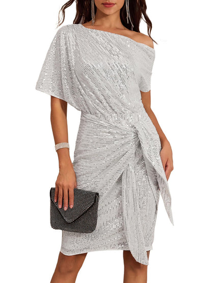 Sequin-Trim One-Shoulder Pleated Midi Dress — view 11