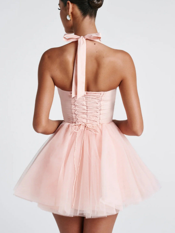 Halter Lace-Up Puff-Skirt Mini Dress — view 2