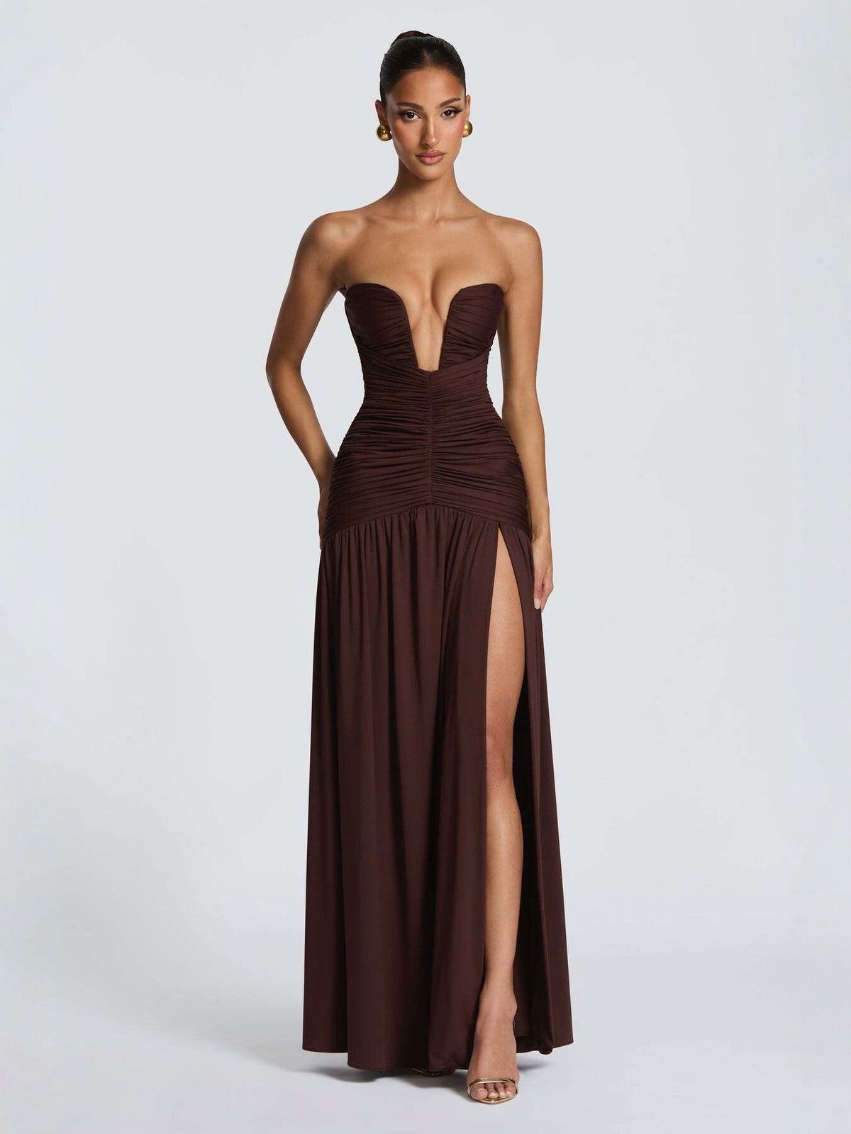 Strapless Ruched High-Slit Midi Dress — view 5
