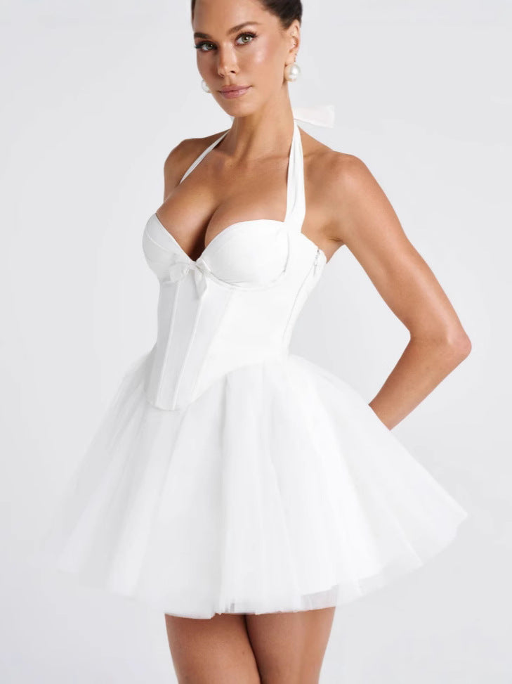 Halter Lace-Up Puff-Skirt Mini Dress — view 3