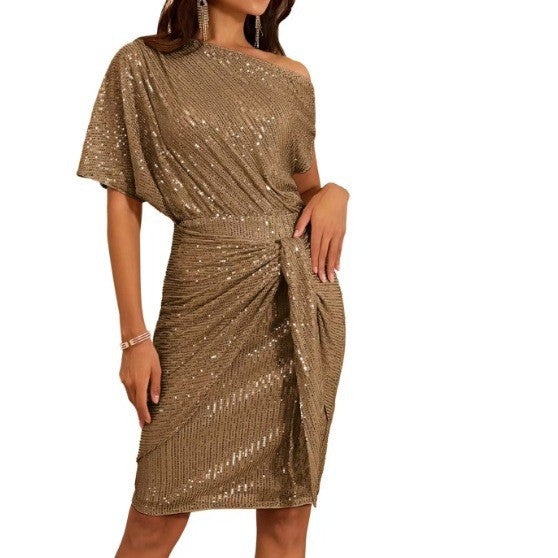 Sequin-Trim One-Shoulder Pleated Midi Dress — view 4