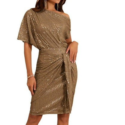 Sequin-Trim One-Shoulder Pleated Midi Dress — view 4